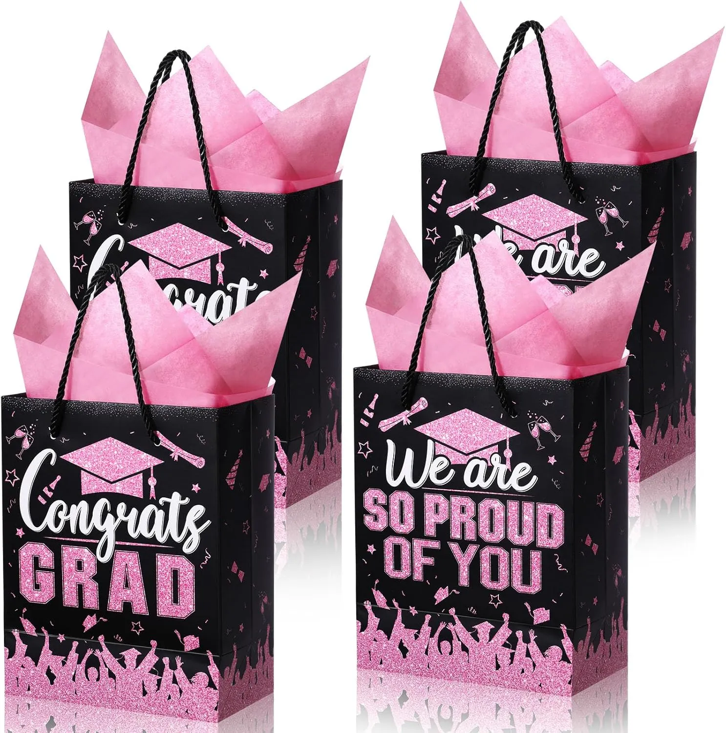 TaoBary 12 Pcs Graduation Gift Bags with Tissue Party Favor Bag Handles Class of 2025 Grad Paper Goodie Bulk for Congrats Supplies(Pink Black)