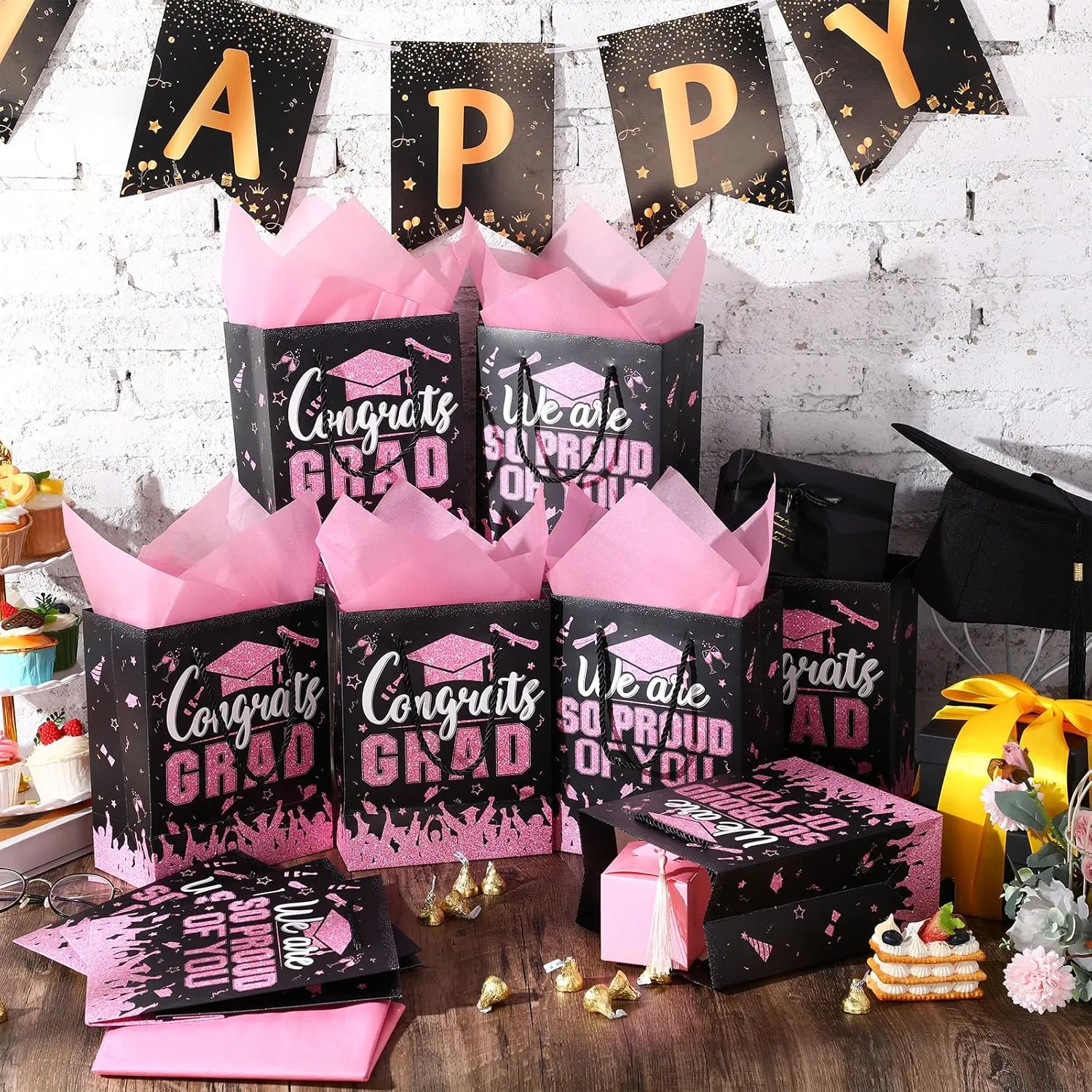 TaoBary 12 Pcs Graduation Gift Bags with Tissue Party Favor Bag Handles Class of 2025 Grad Paper Goodie Bulk for Congrats Supplies(Pink Black)