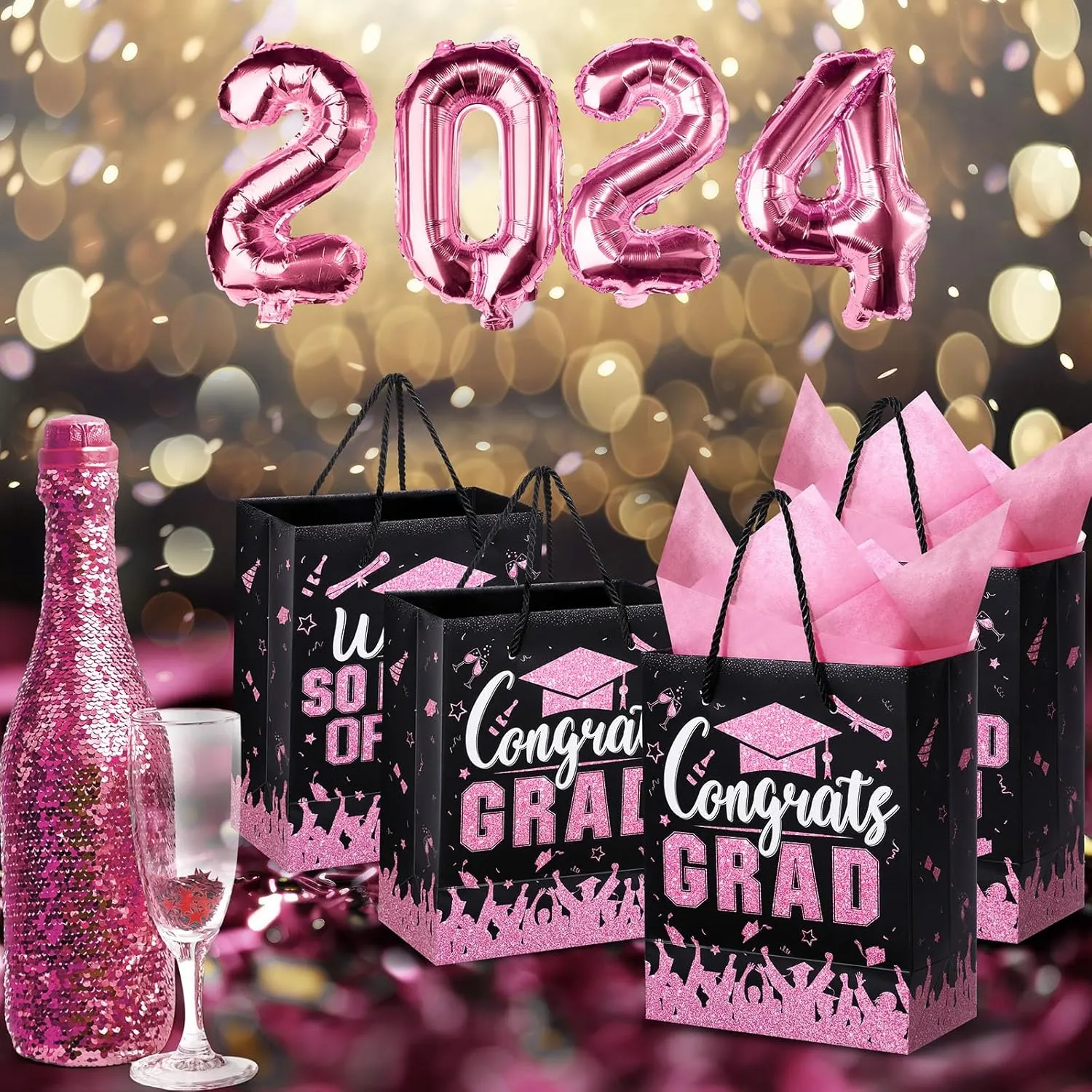 TaoBary 12 Pcs Graduation Gift Bags with Tissue Party Favor Bag Handles Class of 2025 Grad Paper Goodie Bulk for Congrats Supplies(Pink Black)
