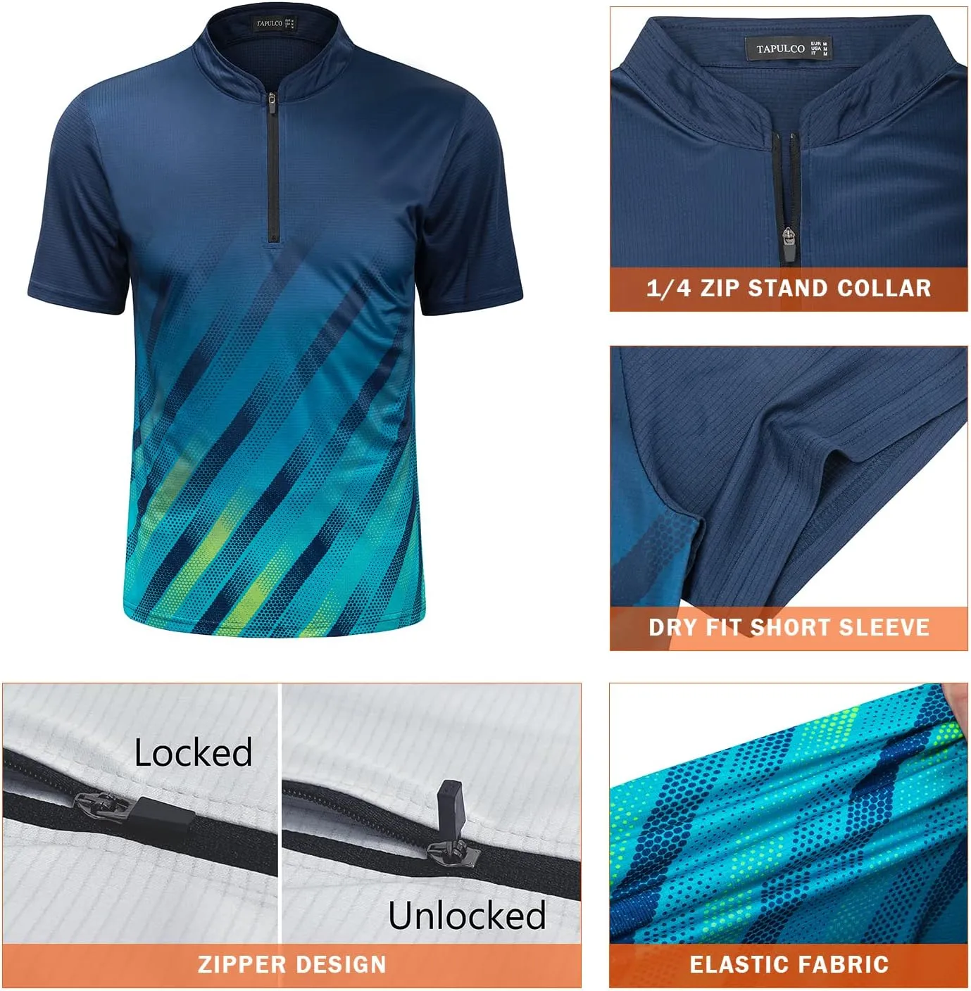 TAPULCO Mens Quick Dry Quarter Zip Performance Modern Printed Casual Sports T-Shirts Athletic Pullover Outdoor Hiking Tee