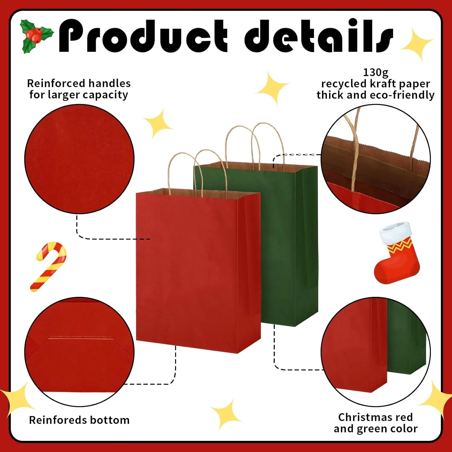 Tenceur 100 Pcs Red and Green Christmas Gift Bags Kraft Paper Bags with Handles Holiday Gift Bags for Wedding Baby Shower Bridal Shower Shopping Party Favor Business(13 x 10 x 5 Inch)