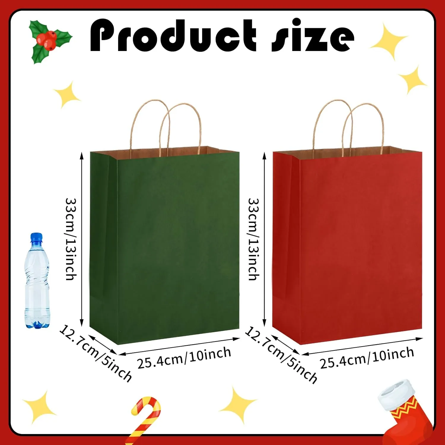 Tenceur 100 Pcs Red and Green Christmas Gift Bags Kraft Paper Bags with Handles Holiday Gift Bags for Wedding Baby Shower Bridal Shower Shopping Party Favor Business(13 x 10 x 5 Inch)