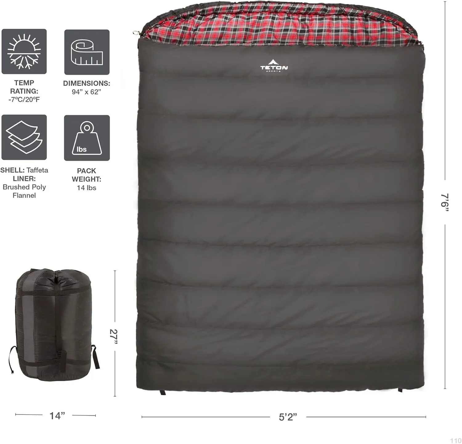 TETON Mammoth, 20 Degree and 0 Degree Sleeping Bags, Double Sleeping Bag, A Warm Bag the Whole Family can Enjoy. Great Sleeping Bag for Camping, Hunting and Base Camp. Compression Sack Included
