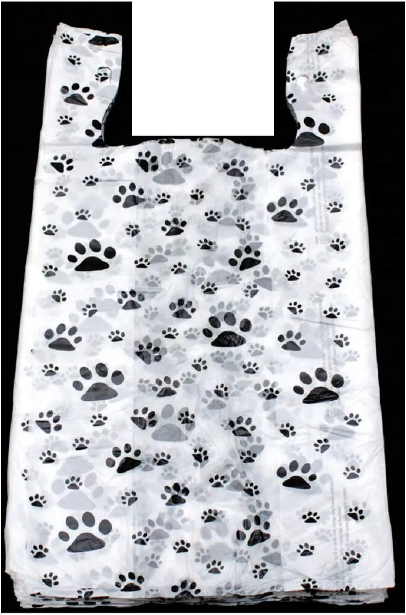 Thaisan7 Cat or Dog PAW Print Plastic Black and White T-Shirt Bags ~ 22" L x 12" W x 7" Gusset x 5 mm for Party Birthday Travel Mom Dad Lover Friend Gift Present - Pack of 50