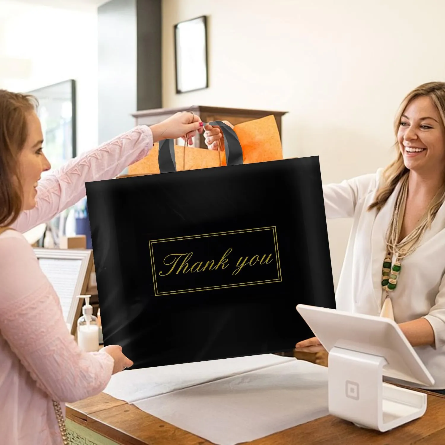 Thank You Bags for Small Business, Shopping Bags with Handle,Black Plastic Bags, White