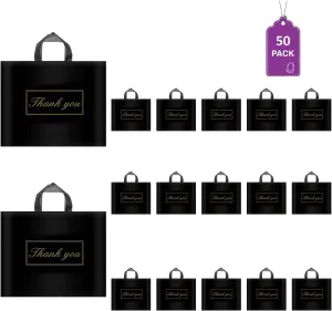 Thank You Bags for Small Business, Shopping Bags with Handle,Black Plastic Bags, White
