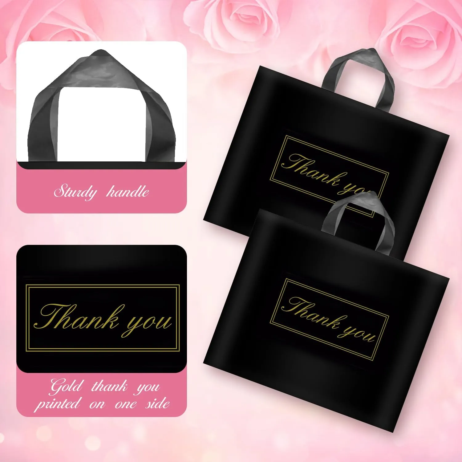 Thank You Bags for Small Business, Shopping Bags with Handle,Black Plastic Bags, White