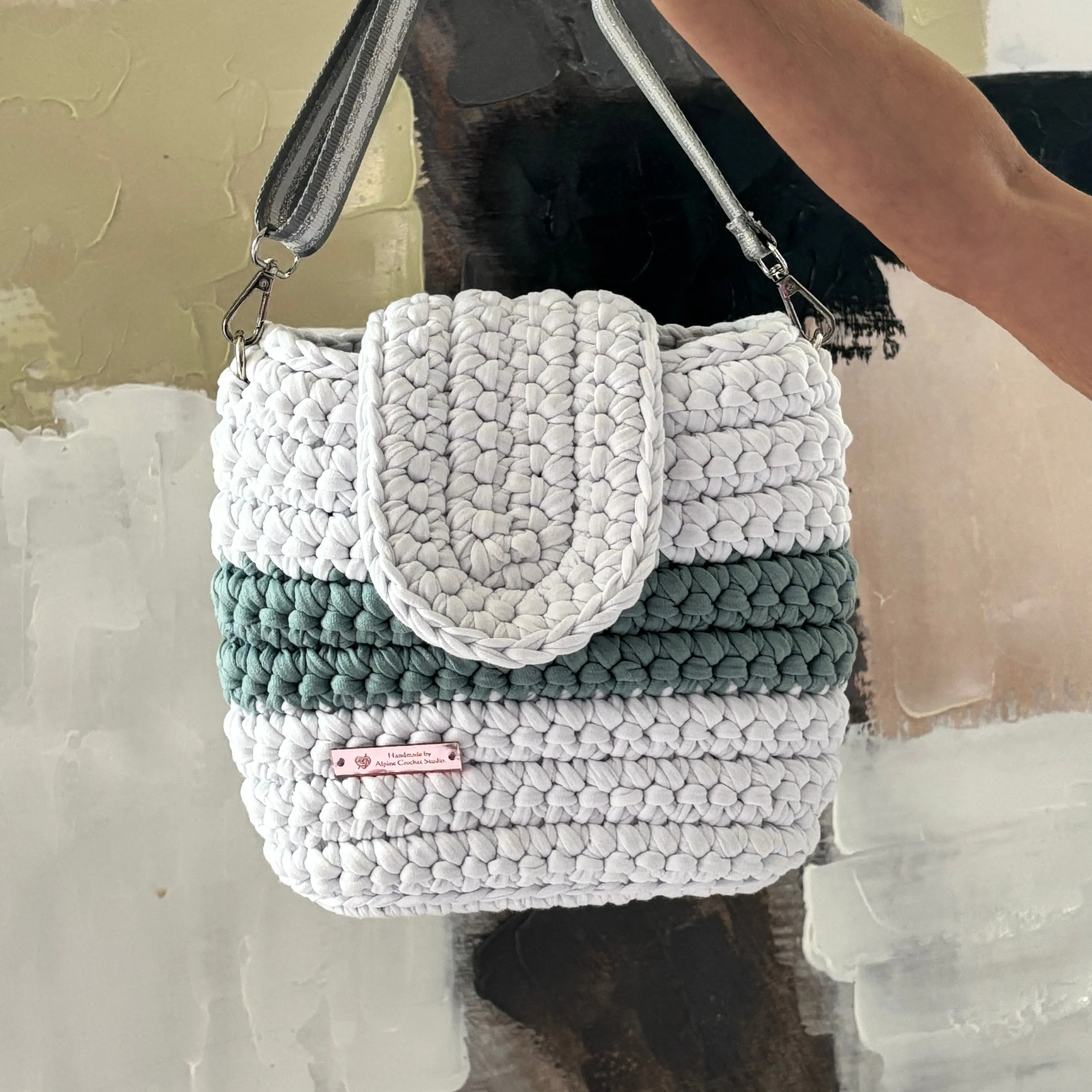 The Arwen – Handmade Crochet Crossbody Bag in White & Smoky Grey