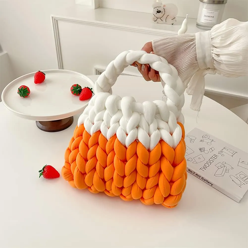 Thick Cotton Wool Woven Handbag, Handmade Coarse Wool Knitted Bucket Bag, Diy Cool Purse,Casual Soft Shoulder