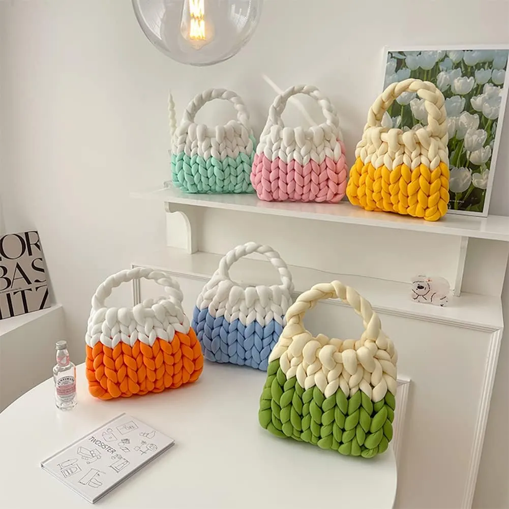 Thick Cotton Wool Woven Handbag, Handmade Coarse Wool Knitted Bucket Bag, Diy Cool Purse,Casual Soft Shoulder