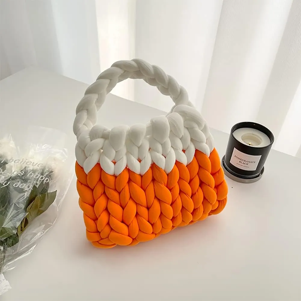Thick Cotton Wool Woven Handbag, Handmade Coarse Wool Knitted Bucket Bag, Diy Cool Purse,Casual Soft Shoulder