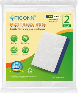 TICONN 2PK Mattress Bags for Moving, Waterproof, 16" Thick, Heavy-Duty, Twin