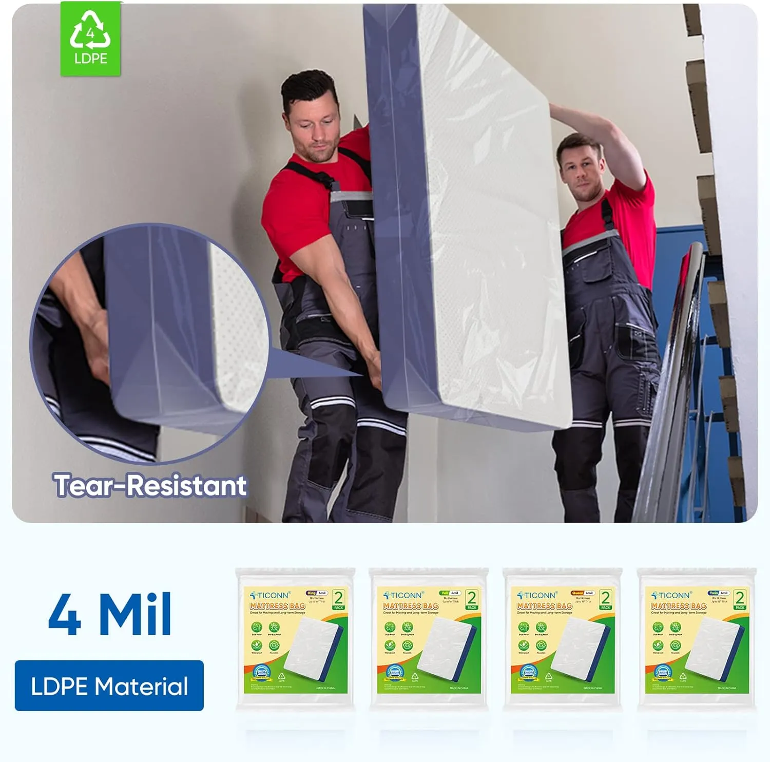 TICONN 2PK Mattress Bags for Moving, Waterproof, 16" Thick, Heavy-Duty, Twin