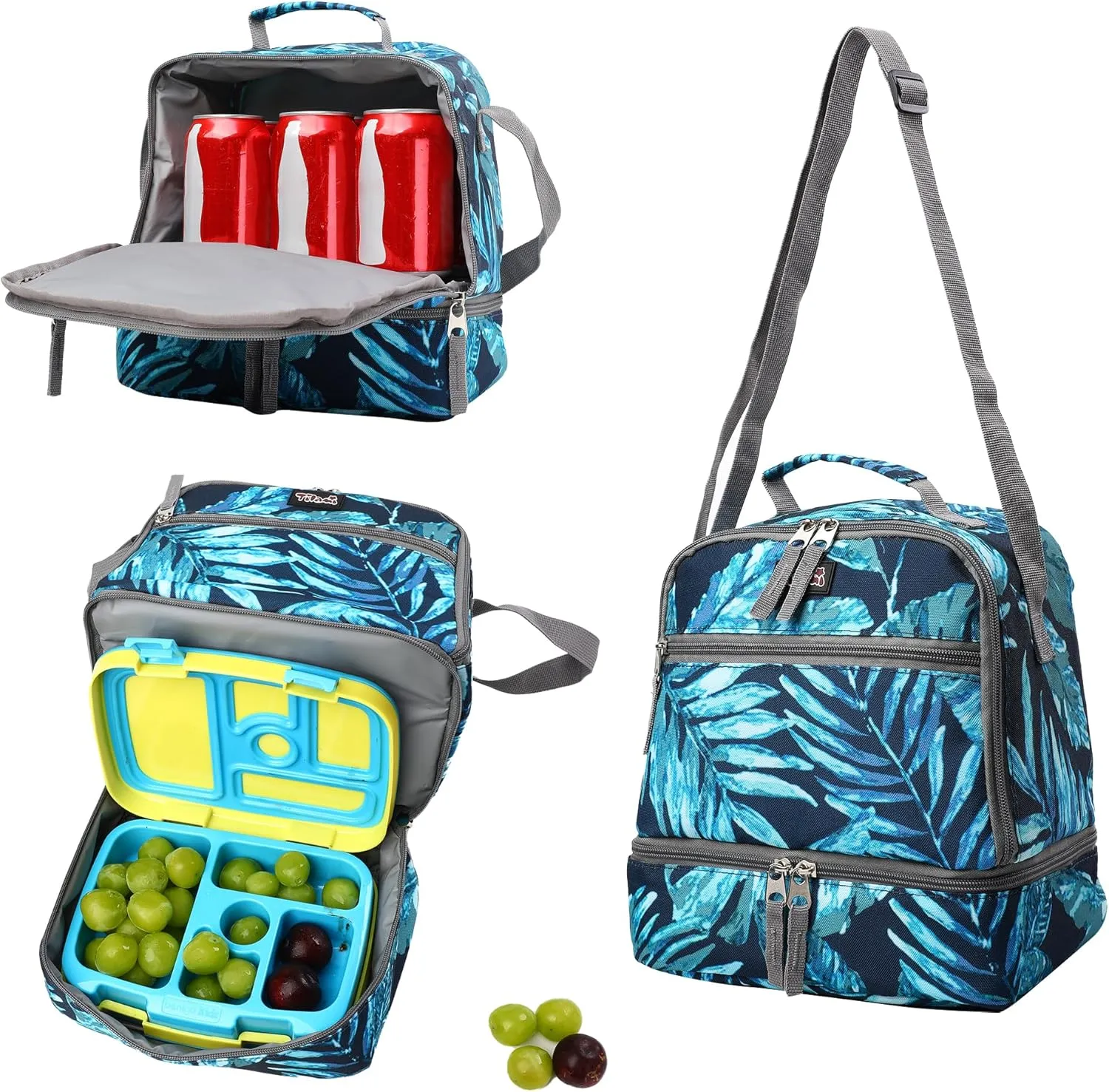 Tilami Lunch Bags Insulated Adjustable Strap Zipper, Two Compartments Cooler Bags, Bento Bags for Kids Toddlers, Rainforest Green