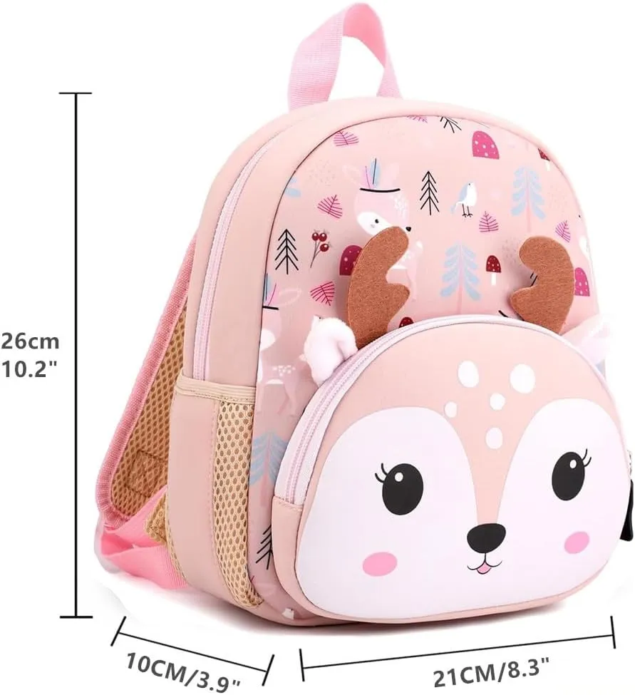 Toddler Backpack Neoprene Zoo Kids Casual Backpack Water Resistance Kindergarten Preschool Bags for Little Boys Girls (Deer Pink)