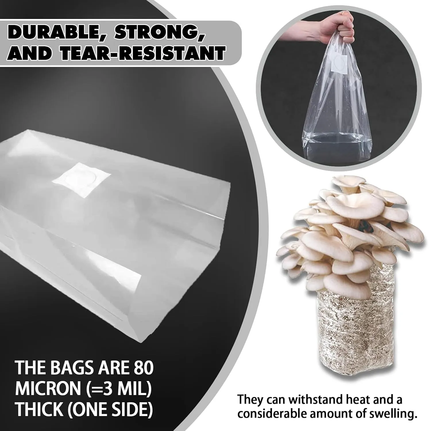 TonGass 60-Pack Autoclavable Mushroom Grow Bags Bulk with Microporous Filter Patchs - Large 6"x5"x20" Extra Thick 80 Micron (=3 Mil)| Mushroom Cultivation Spawn Supply Myco Bag Bulk Substrate Bags