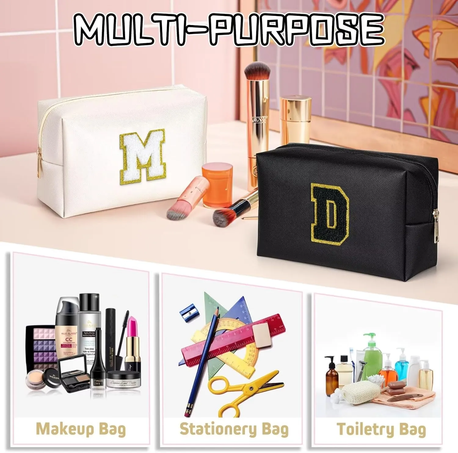 TOPEAST Initial Makeup Bag, Personalized Initial Bags with Zipper, Cute Makeup Pouch, PU Leather Waterproof Cosmetic Bag, Birthday Gift for Women, Preppy Things for Girls (Black A)