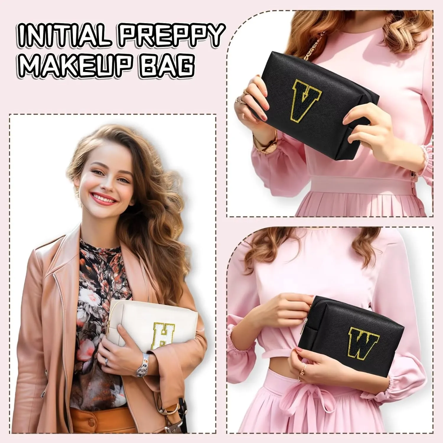 TOPEAST Initial Makeup Bag, Personalized Initial Bags with Zipper, Cute Makeup Pouch, PU Leather Waterproof Cosmetic Bag, Birthday Gift for Women, Preppy Things for Girls (Black A)