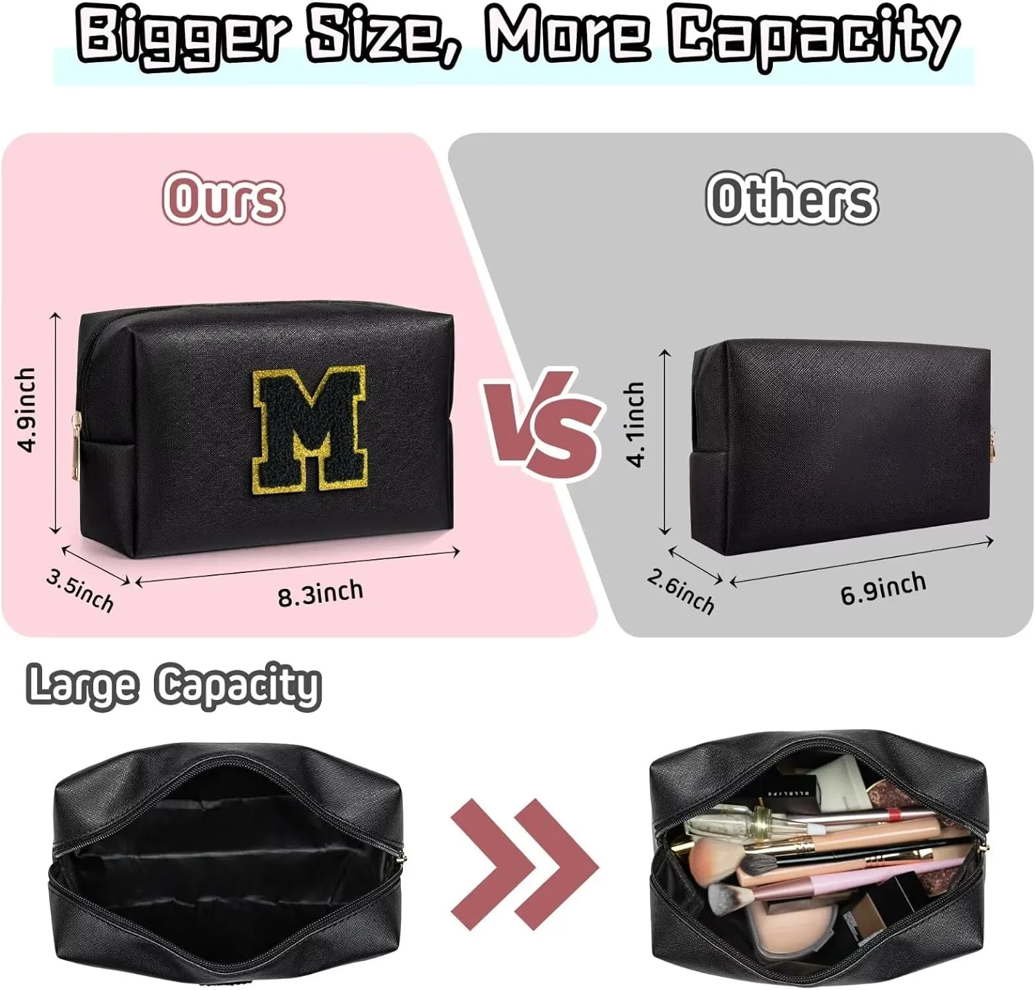 TOPEAST Initial Makeup Bag, Personalized Initial Bags with Zipper, Cute Makeup Pouch, PU Leather Waterproof Cosmetic Bag, Birthday Gift for Women, Preppy Things for Girls (Black A)