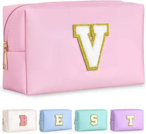 TOPEAST Initial Makeup Bags for Women, Personalized Portable Cosmetic Bag for Travel, Cute Makeup Pouch, PU Leather Waterproof Toiletry Bag, Preppy Things for Girl (Pink V)