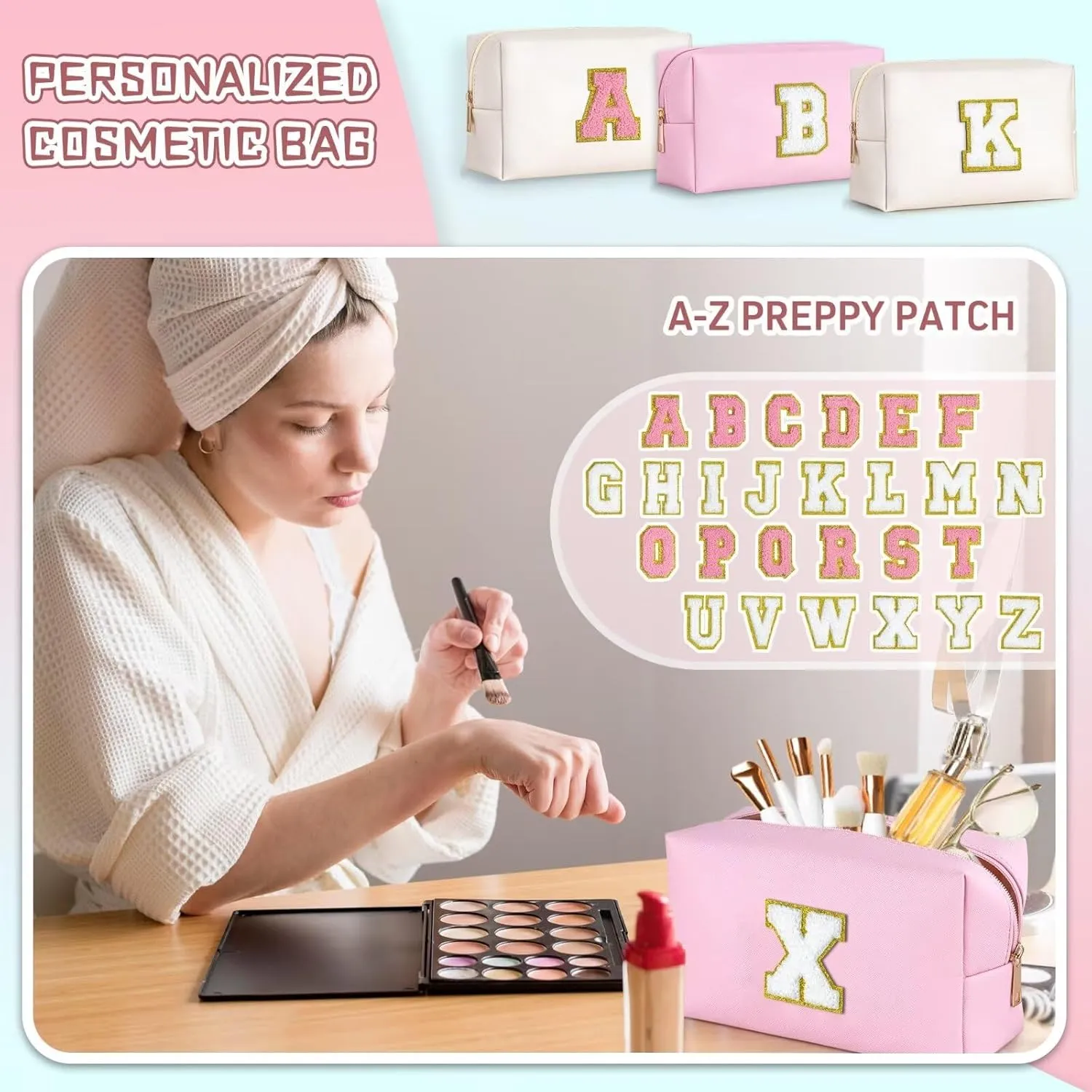 TOPEAST Initial Makeup Bags for Women, Personalized Portable Cosmetic Bag for Travel, Cute Makeup Pouch, PU Leather Waterproof Toiletry Bag, Preppy Things for Girl (Pink V)