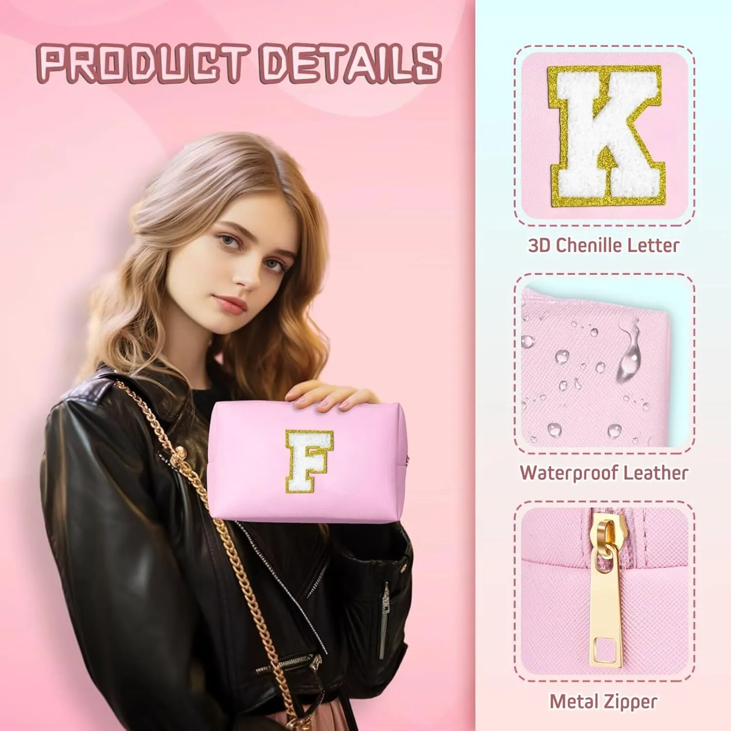 TOPEAST Initial Makeup Bags for Women, Personalized Portable Cosmetic Bag for Travel, Cute Makeup Pouch, PU Leather Waterproof Toiletry Bag, Preppy Things for Girl (Pink V)