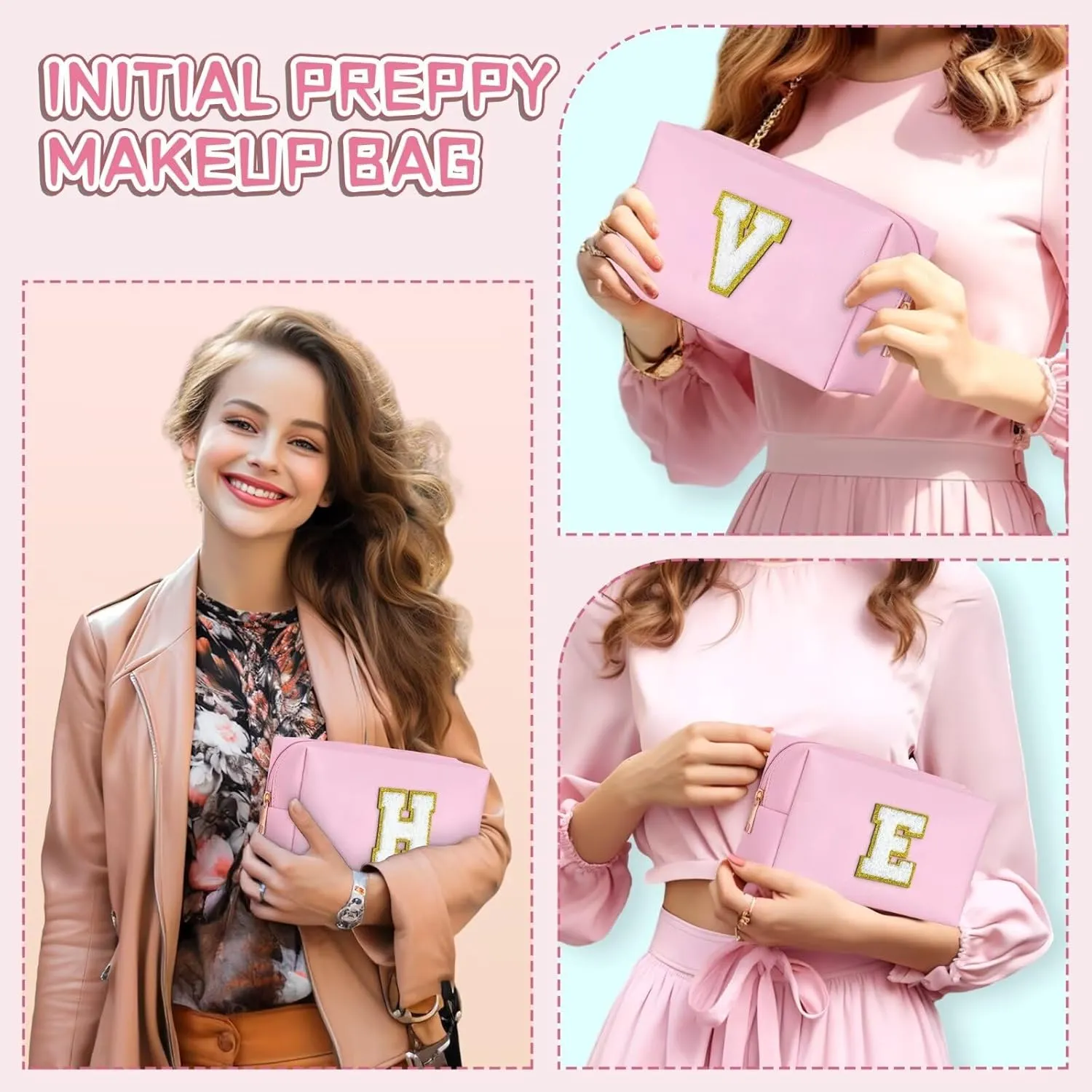 TOPEAST Initial Makeup Bags for Women, Personalized Portable Cosmetic Bag for Travel, Cute Makeup Pouch, PU Leather Waterproof Toiletry Bag, Preppy Things for Girl (Pink V)