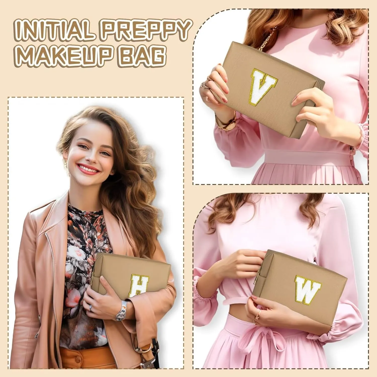 TOPEAST Preppy Makeup Bag, Personalized Initial Bags with Zipper, Cute Makeup Pouch, PU Leather Waterproof Cosmetic Bag, Birthday Gift for Daughter, Preppy Things for Girls (Khaki A)