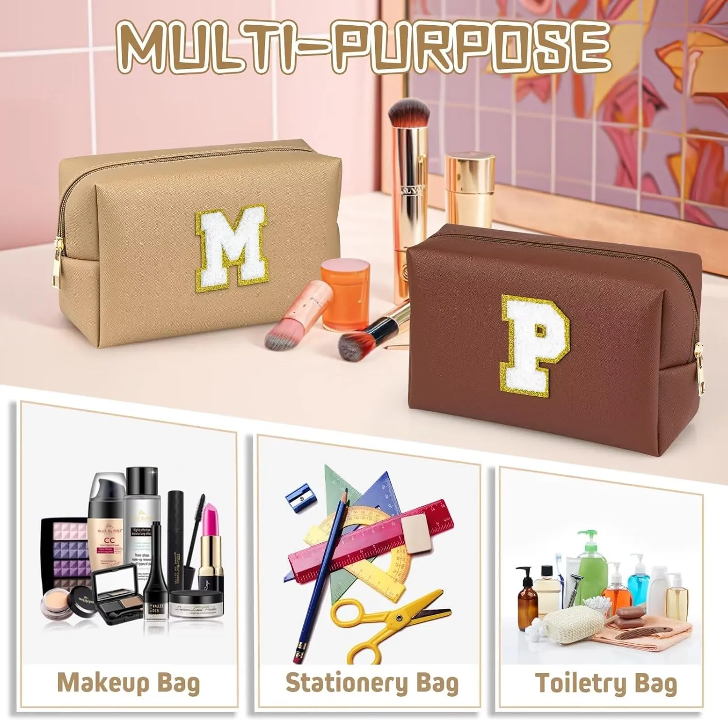 TOPEAST Preppy Makeup Bag, Personalized Initial Bags with Zipper, Cute Makeup Pouch, PU Leather Waterproof Cosmetic Bag, Birthday Gift for Daughter, Preppy Things for Girls (Khaki A)