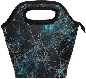 tote lunch bags for women with Curved handle hard lunch box for men Water-Resistant mini cooler bag for Picnic Camping Halloween Blue and Black Web