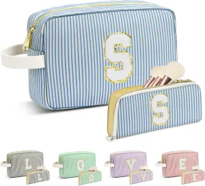 Travel Makeup Bag Gift for Women Girl Teens Preppy Stuff Cosmetic Bag Set, Cute Make Up Bag With Handle Personalized Initial Makeup Pouch Skin Care with Makeup Brush Bag Letter S (Blue&White Stripes)