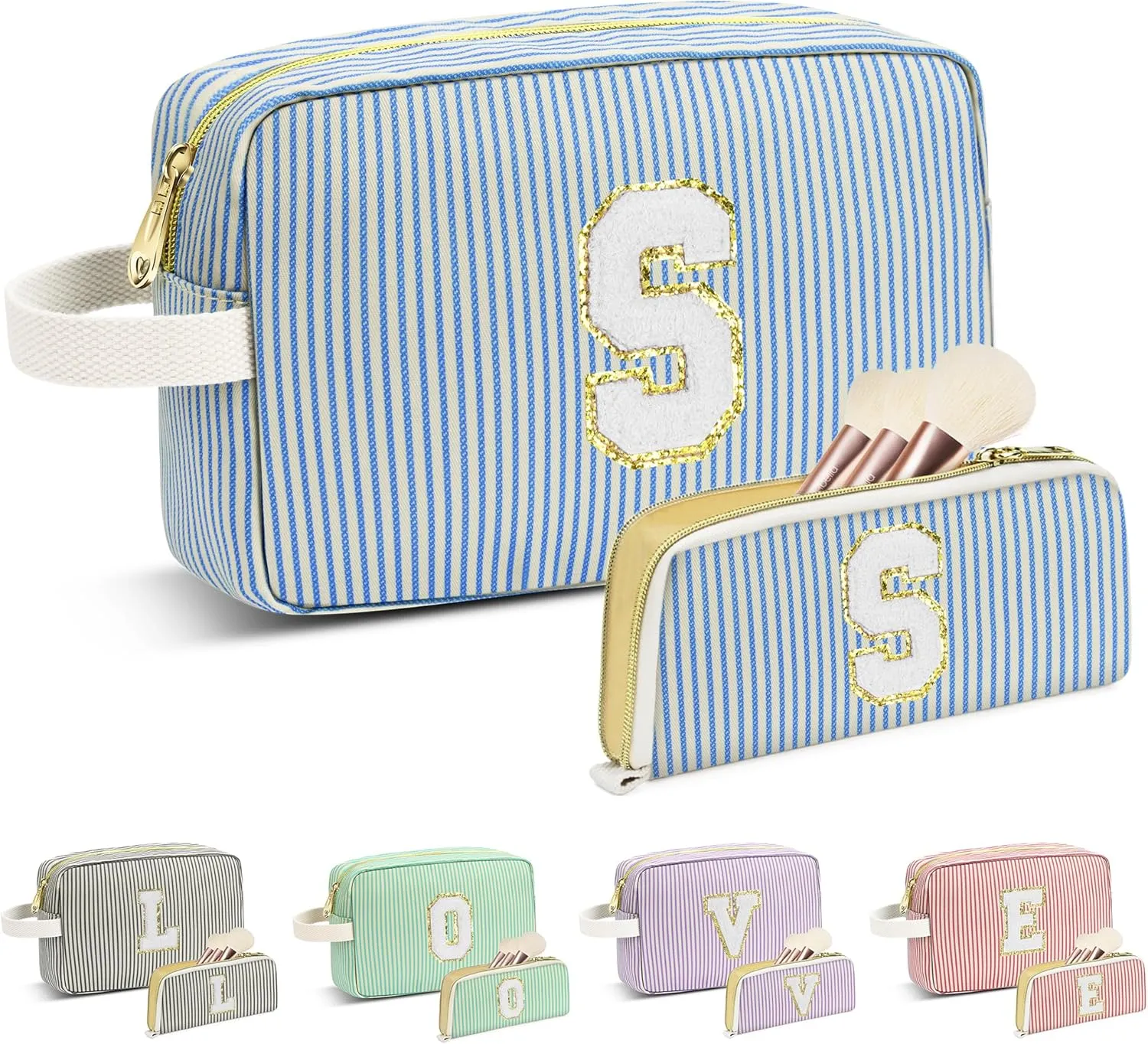 Travel Makeup Bag Gift for Women Girl Teens Preppy Stuff Cosmetic Bag Set, Cute Make Up Bag With Handle Personalized Initial Makeup Pouch Skin Care with Makeup Brush Bag Letter S (Blue&White Stripes)
