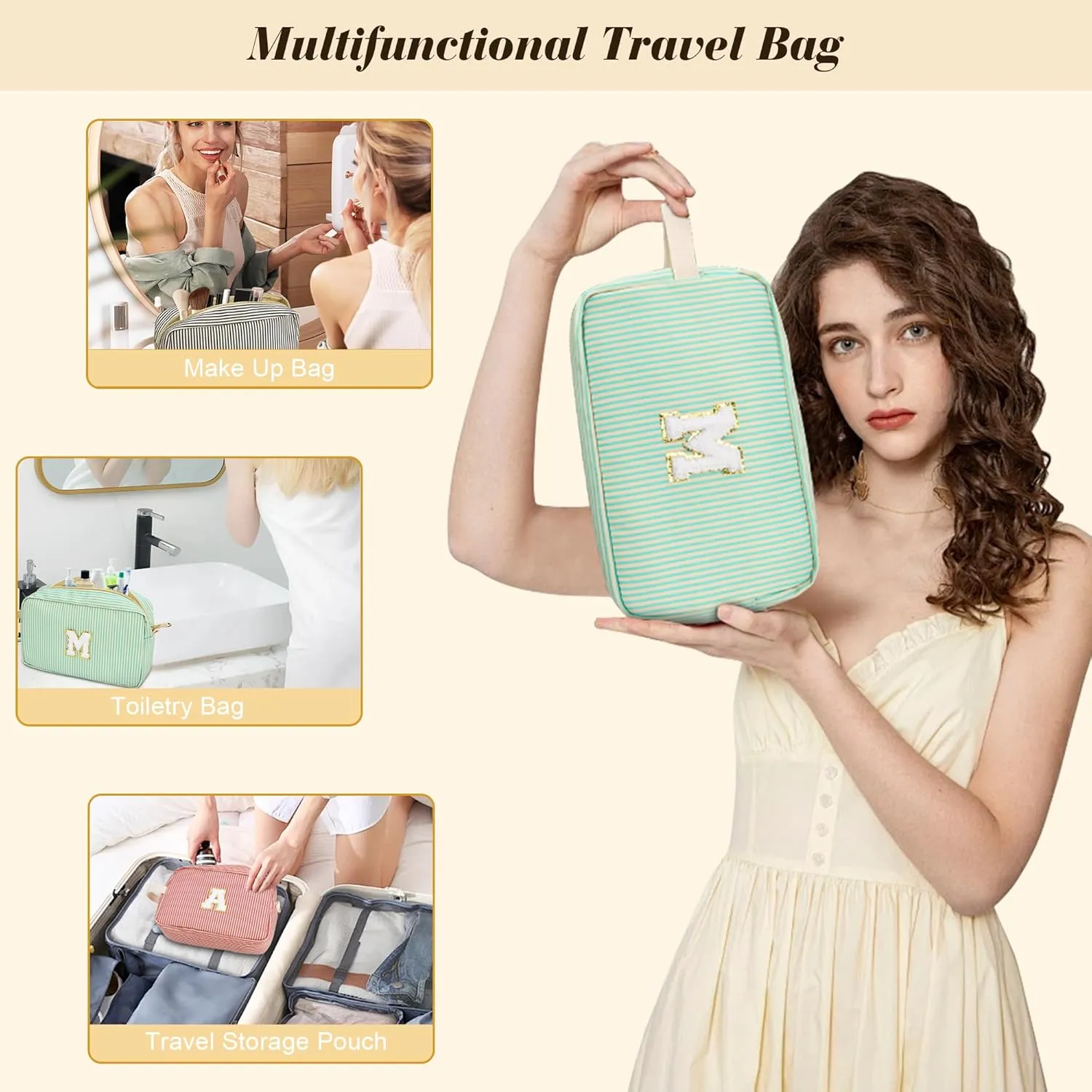 Travel Makeup Bag Gift for Women Girl Teens Preppy Stuff Cosmetic Bag Set, Cute Make Up Bag With Handle Personalized Initial Makeup Pouch Skin Care with Makeup Brush Bag Letter S (Blue&White Stripes)