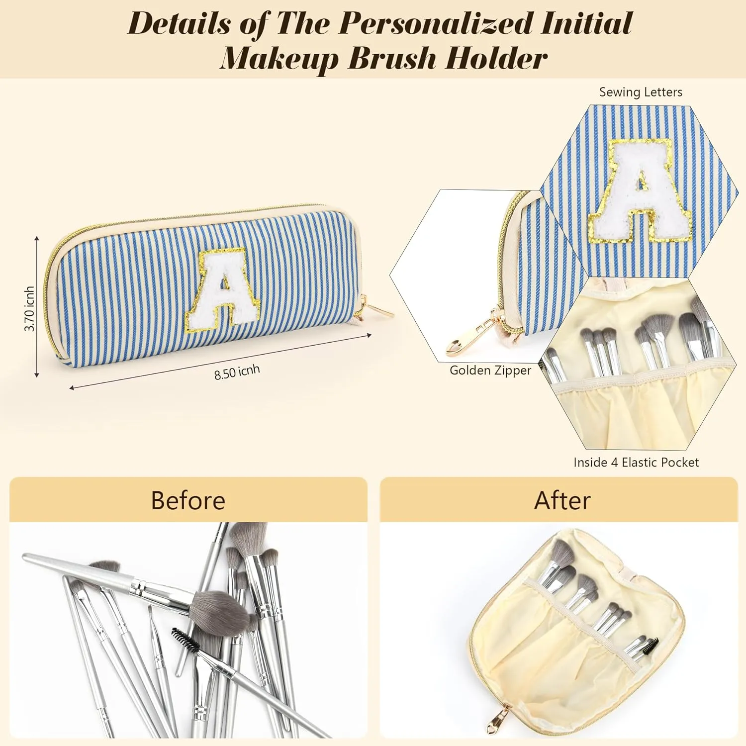 Travel Makeup Bag Gift for Women Girl Teens Preppy Stuff Cosmetic Bag Set, Cute Make Up Bag With Handle Personalized Initial Makeup Pouch Skin Care with Makeup Brush Bag Letter S (Blue&White Stripes)