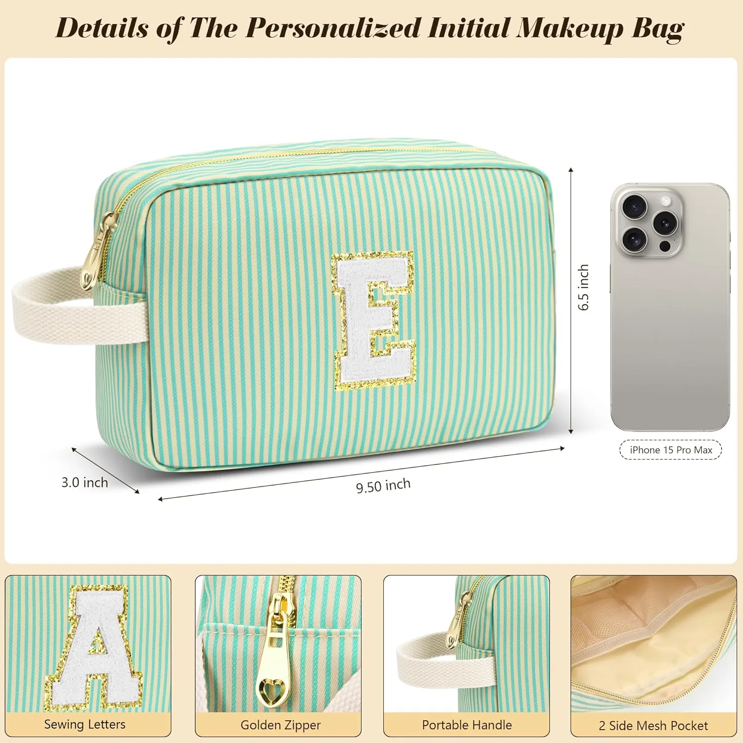 Travel Makeup Bag Gift for Women Girl Teens Preppy Stuff Cosmetic Bag Set, Cute Make Up Bag With Handle Personalized Initial Makeup Pouch Skin Care with Makeup Brush Bag Letter S (Red&White Stripes)