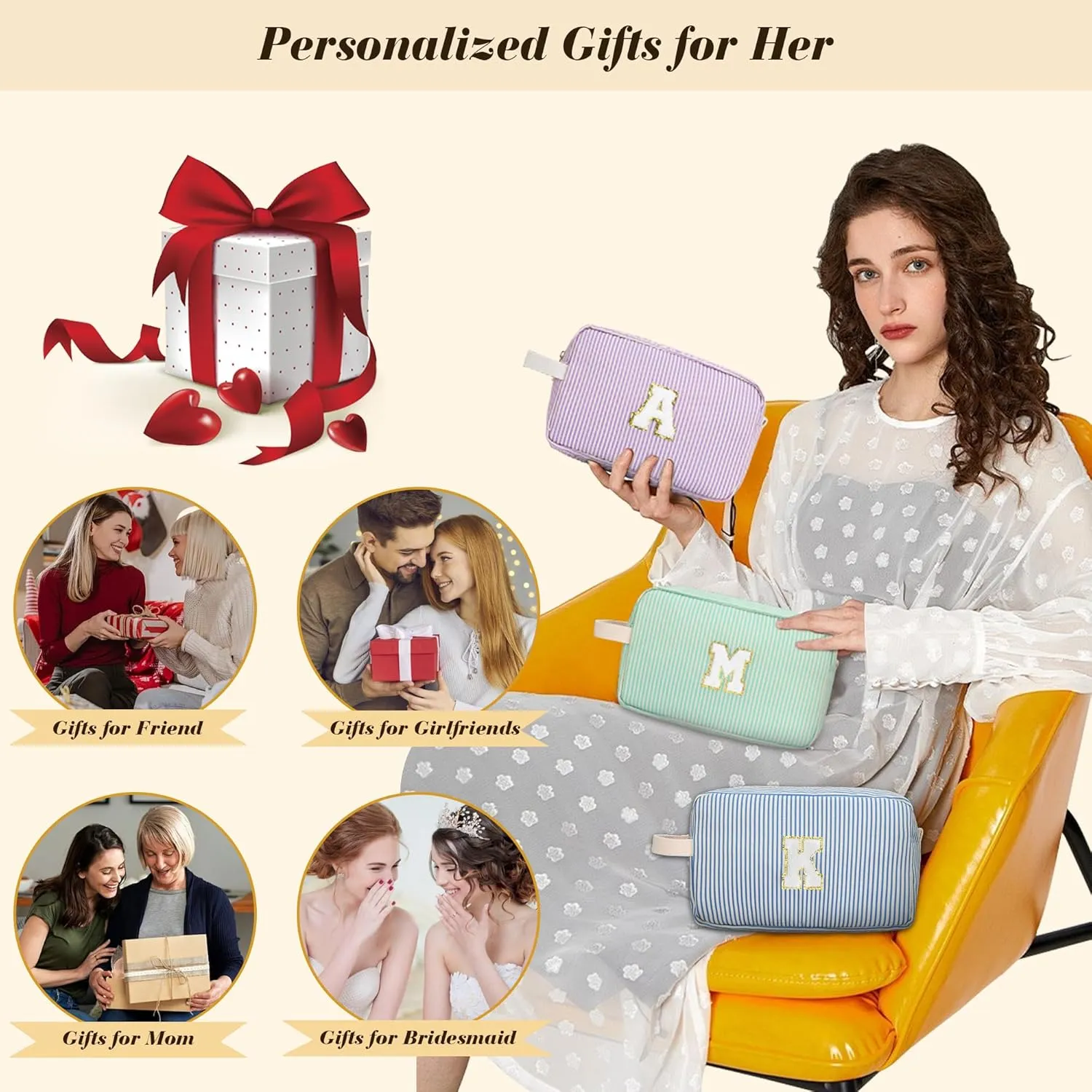 Travel Makeup Bag Gift for Women Girl Teens Preppy Stuff Cosmetic Bag Set, Cute Make Up Bag With Handle Personalized Initial Makeup Pouch Skin Care with Makeup Brush Bag Letter S (Red&White Stripes)