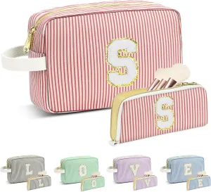 Travel Makeup Bag Gift for Women Girl Teens Preppy Stuff Cosmetic Bag Set, Cute Make Up Bag With Handle Personalized Initial Makeup Pouch Skin Care with Makeup Brush Bag Letter S (Red&White Stripes)