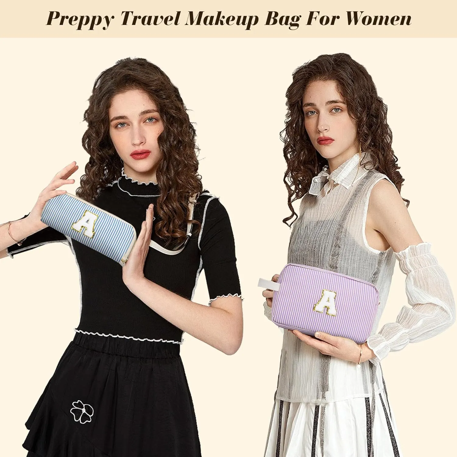 Travel Makeup Bag Gift for Women Girl Teens Preppy Stuff Cosmetic Bag Set, Cute Make Up Bag With Handle Personalized Initial Makeup Pouch Skin Care with Makeup Brush Bag Letter S (Red&White Stripes)