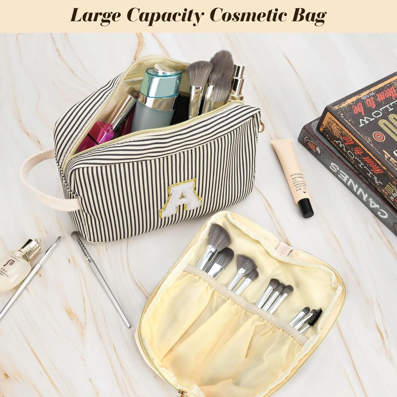 Travel Makeup Bag Gift for Women Girl Teens Preppy Stuff Cosmetic Bag Set, Cute Make Up Bag With Handle Personalized Initial Makeup Pouch Skin Care with Makeup Brush Bag Letter S (Red&White Stripes)