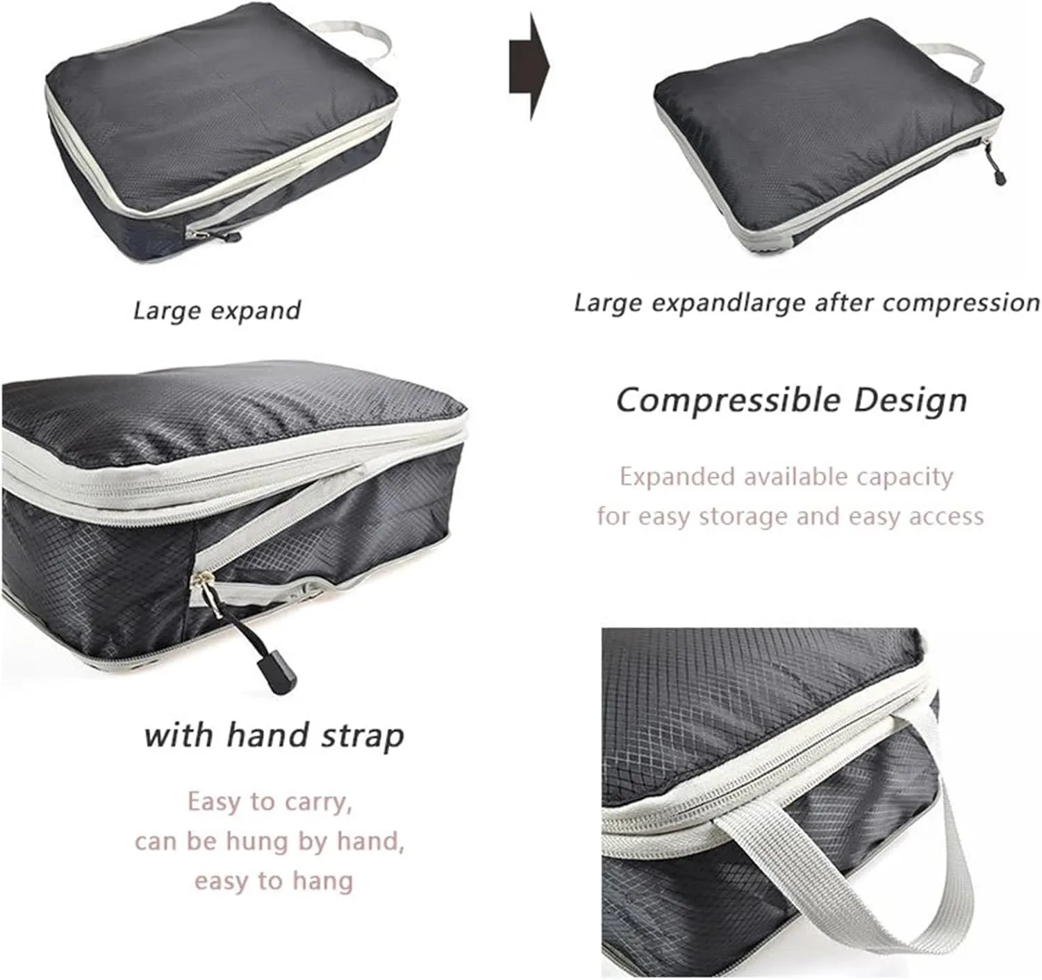 Travel Organizer Compressible Packing Box Nylon Portable Tote Bag Luggage Foldable Waterproof Suitcase Best travel must haves(Frosted black,3PCS Set)