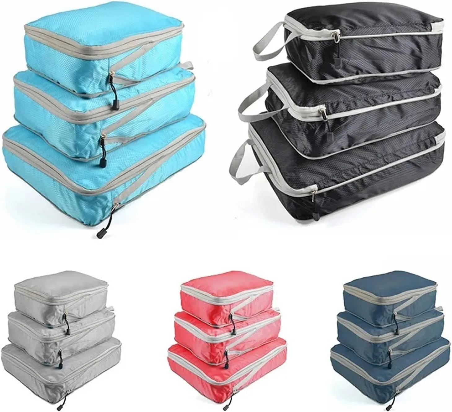 Travel Organizer Compressible Packing Box Nylon Portable Tote Bag Luggage Foldable Waterproof Suitcase Best travel must haves(Frosted black,3PCS Set)