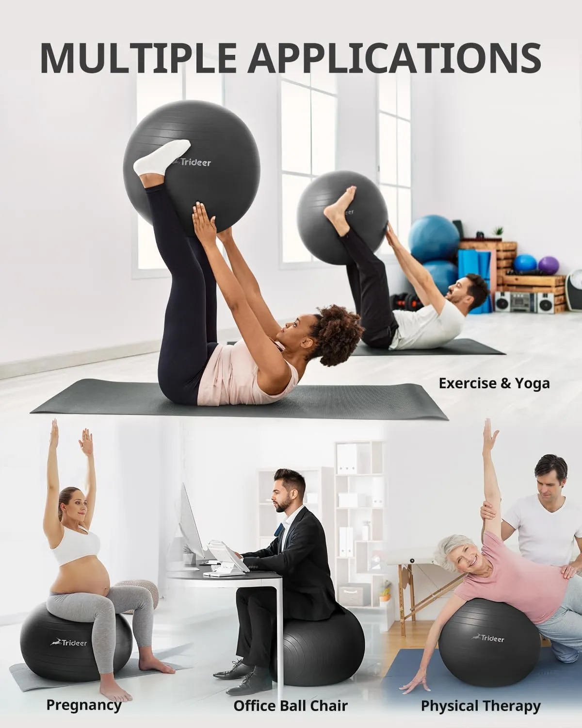 Trideer Extra Thick Yoga Ball Exercise Ball, 5 Sizes Gym Ball, Heavy Duty Ball Chair for Balance, Stability, Pregnancy, Quick Pump Included