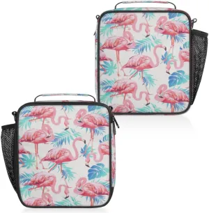 Tropical Leaves Flamingos Insulated Lunch Bag Reusable Waterproofing Lunch Box with Shoulder Strap Handle and Water Bottle Net Bag for Travel Camping Beach Picnic