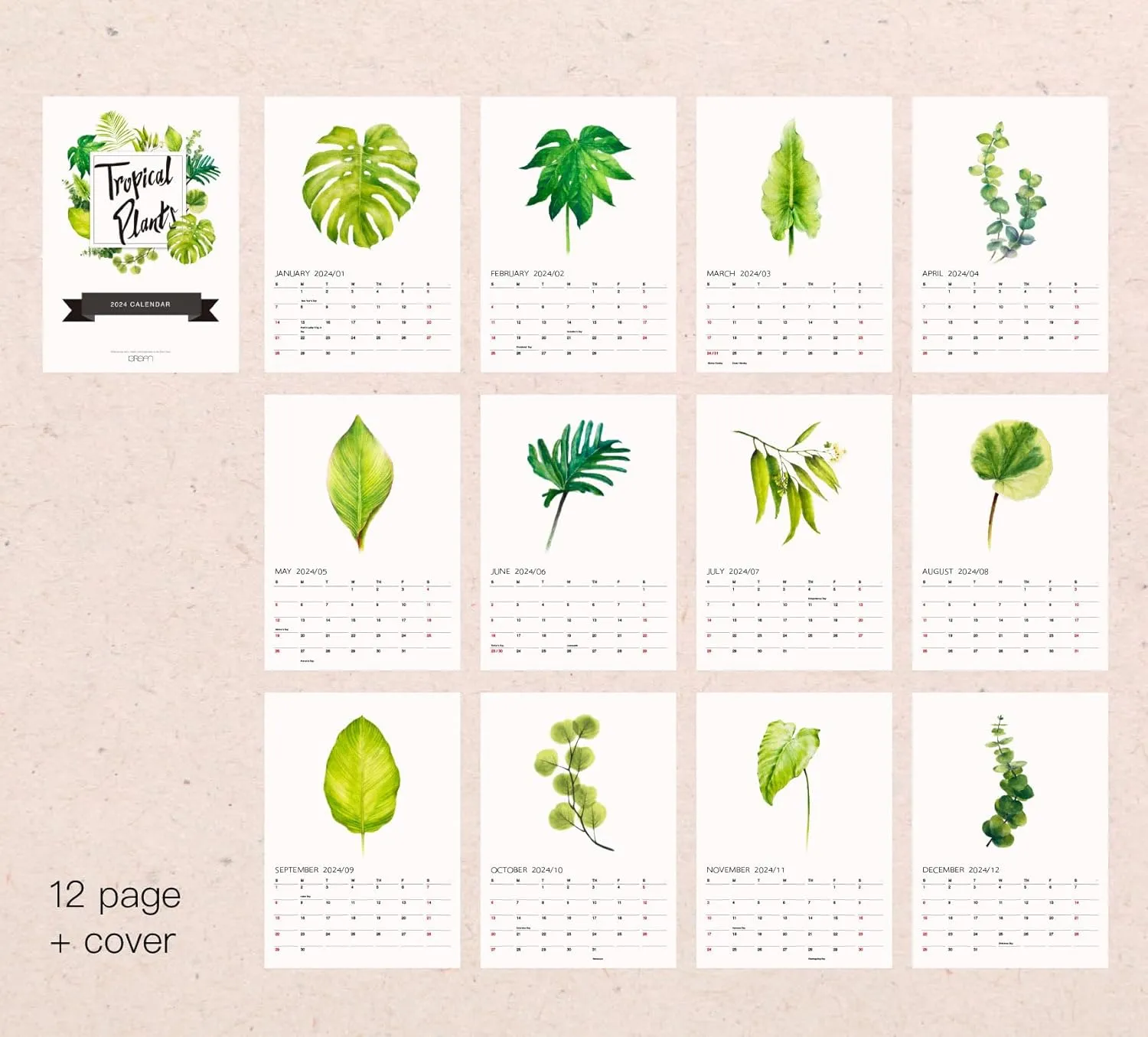 Tropical Plant Art - 2025 Botanical Watercolor Wall Calendar, Foliage Painting Planner, Christmas Gift for Plant Lover, A4 21 x 29.7 cm (2)