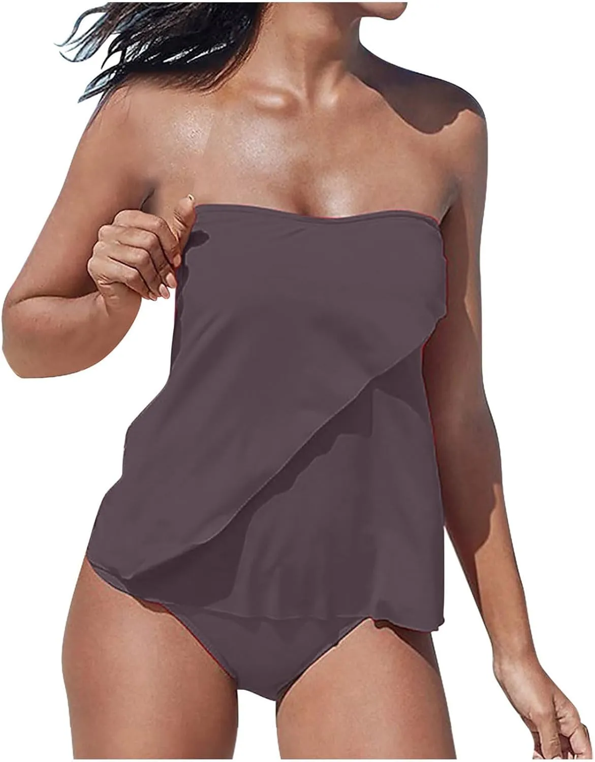 Two Piece Tankini Bathing Suits for Women Tummy Control Swimsuit Bandeau Top Swimwear with Bikini Bottom