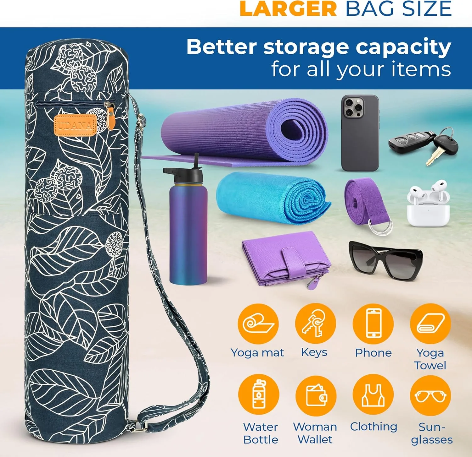 UDANA Yoga Mat Bag, Large – Fits Thick Mats, 3 Storage Pockets, Adjustable Strap