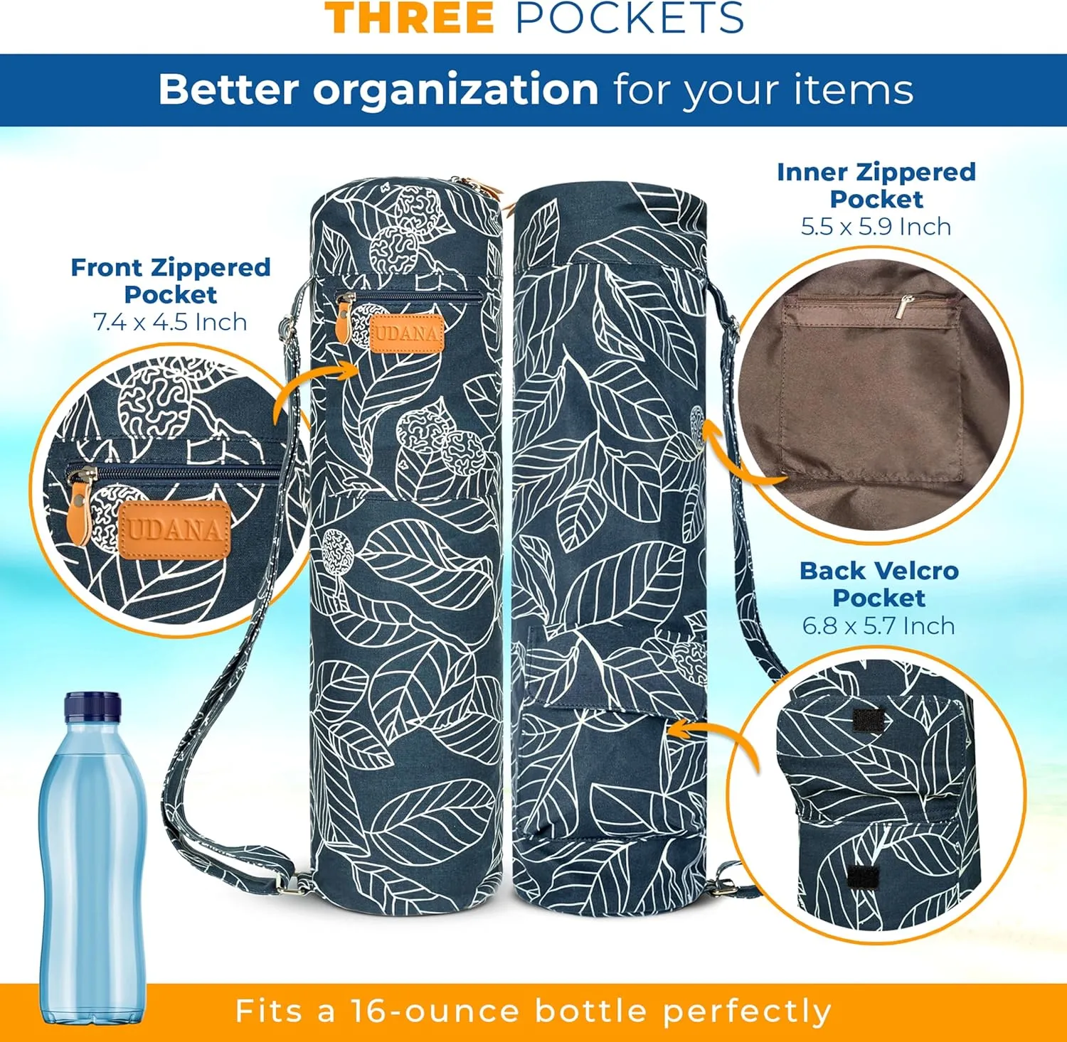UDANA Yoga Mat Bag, Large – Fits Thick Mats, 3 Storage Pockets, Adjustable Strap