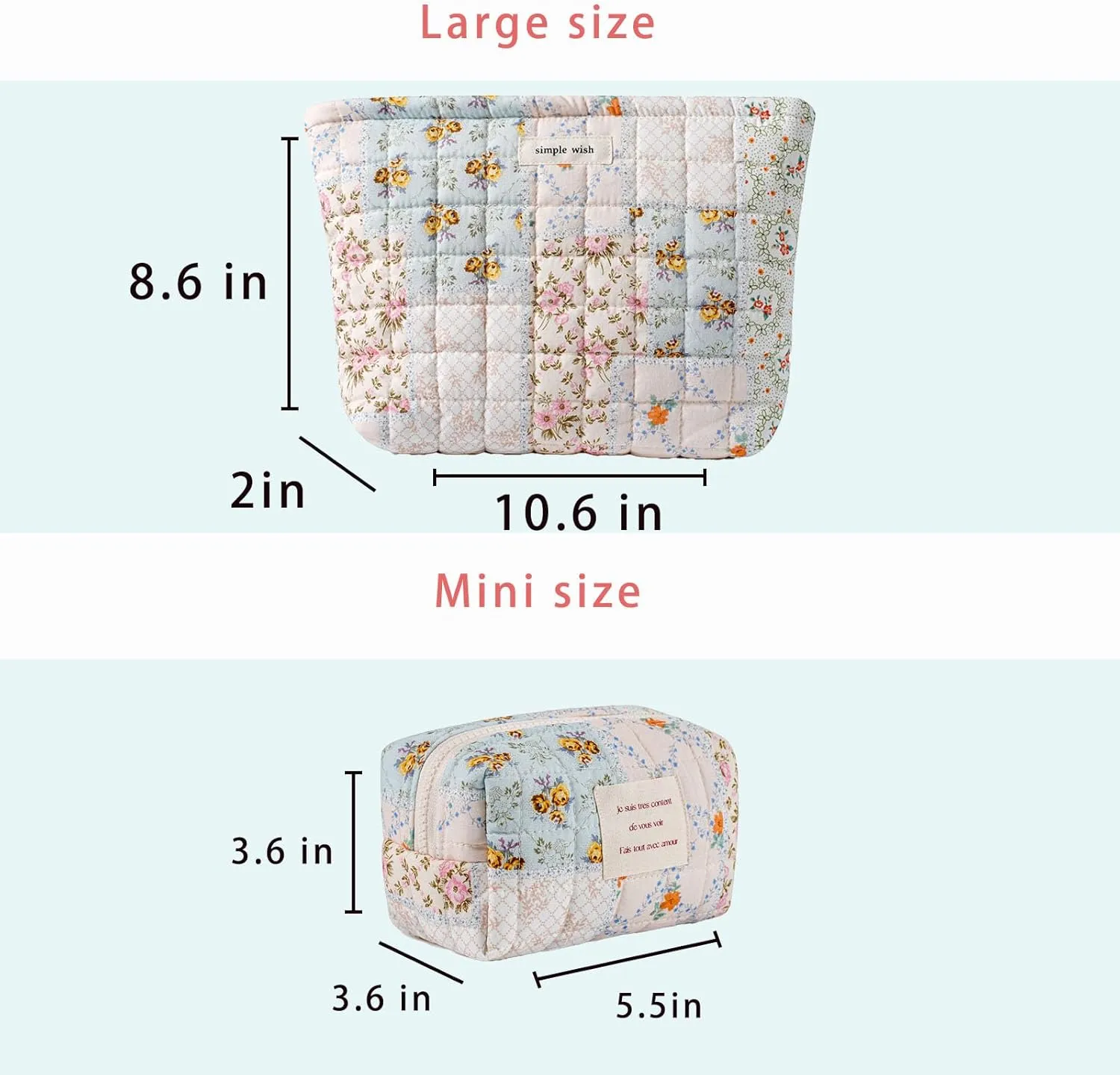 uekeboag 2Pcs Cute Quilted Cotton Makeup Bag, Coquette Quilted Aesthetic Cosmetic Zipper Pouch for Women and Girls,Kawaii Travel Toiletry Bag(01Pink Flower)