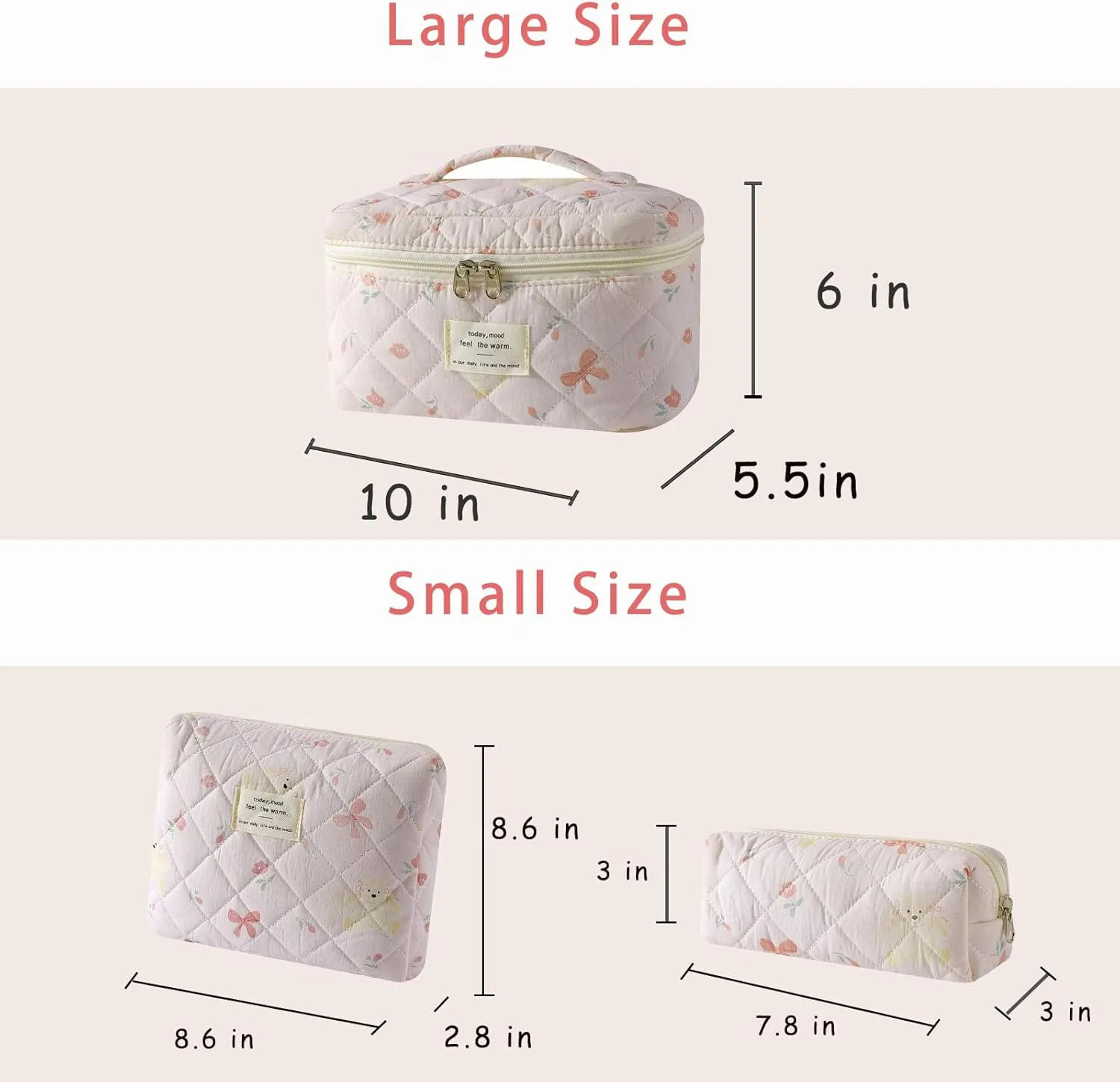 uekeboag 3Pcs Quilted Cotton Makeup Bag,Coquette Quilted Toiletry Bag for Women and Girls,Floral Coquette Pouch,Cute Kawaii Travel Cosmetic Bags(3Pcs Bear Bow)