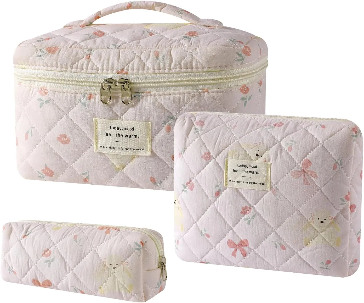 uekeboag 3Pcs Quilted Cotton Makeup Bag,Coquette Quilted Toiletry Bag for Women and Girls,Floral Coquette Pouch,Cute Kawaii Travel Cosmetic Bags(3Pcs Bear Bow)